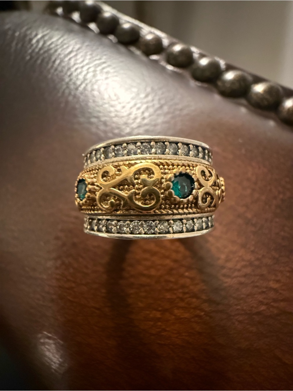 Genuine Emerald Diamond SOLID 14K Gold & 925 Band 5.5 Real Etruscan Rev. Ring - Picture 4 of 4